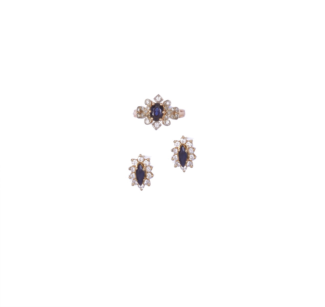 SAPPHIRE AND DIAMOND RING AND EAR STUDS the ring set with a central oval sapphire within a crossed