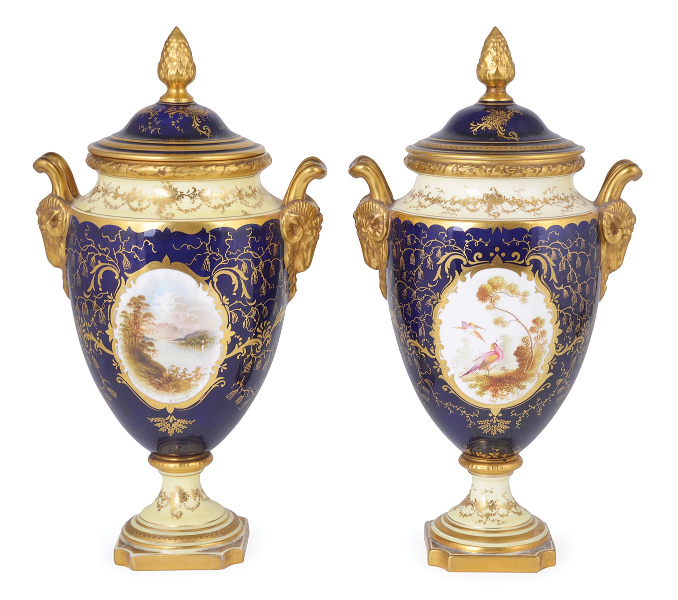 A NEAR PAIR OF COALPORT VASES AND COVERS, CIRCA 1900 urn-shaped, moulded with ram`s mask handles,