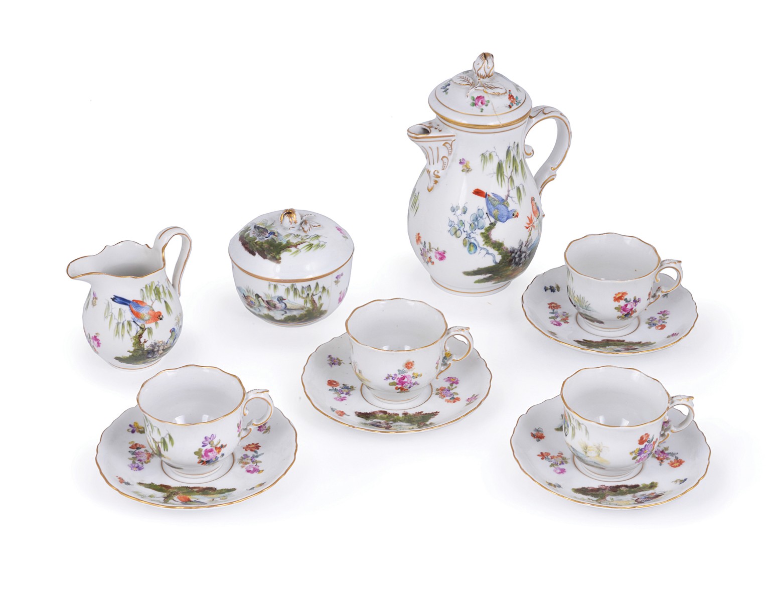 A COFFEE SET, GERMAN, CIRCA 1900 each painted with vignettes of ducks or parrots and floral