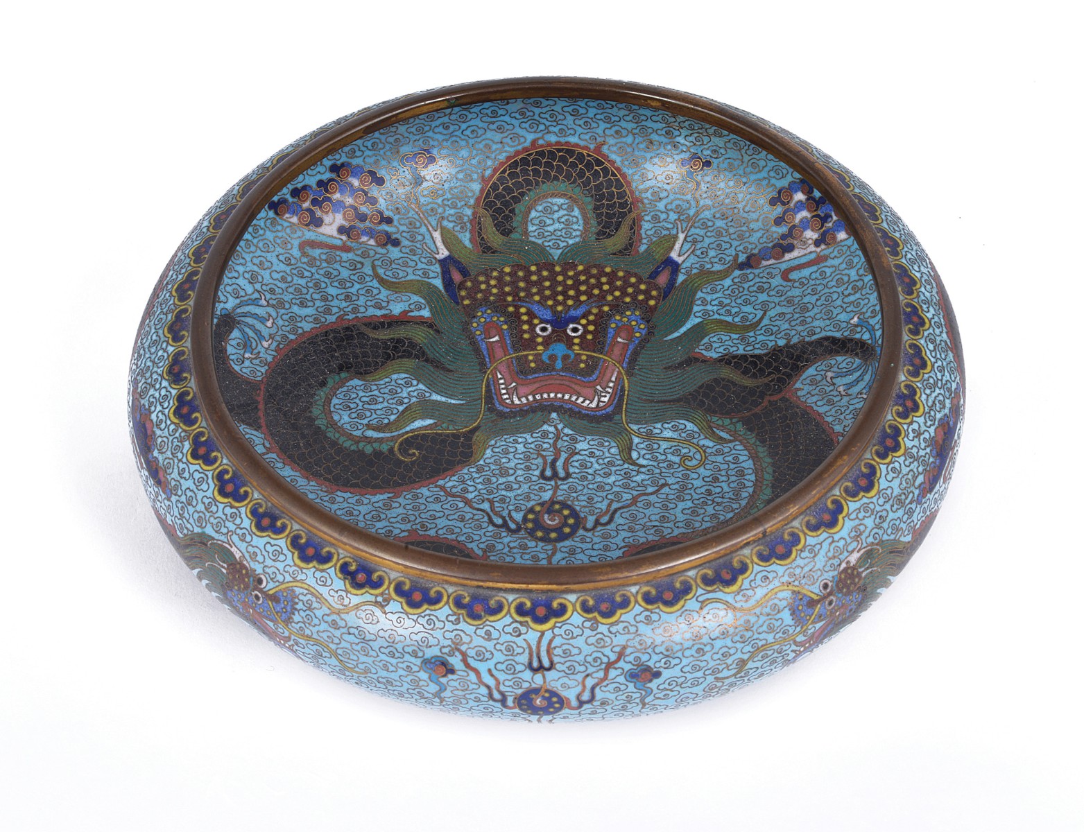 A CHINESE CLOISONNÉ DRAGON BOWL, LATE QING the inside decorated with a central dragon coiled