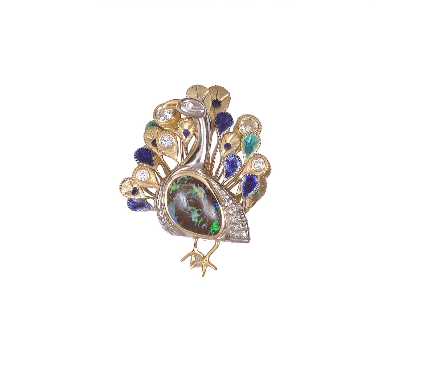 OPAL, DIAMOND AND ENAMEL BROOCH designed as a peacock, the breast collet-set with a pear-shaped