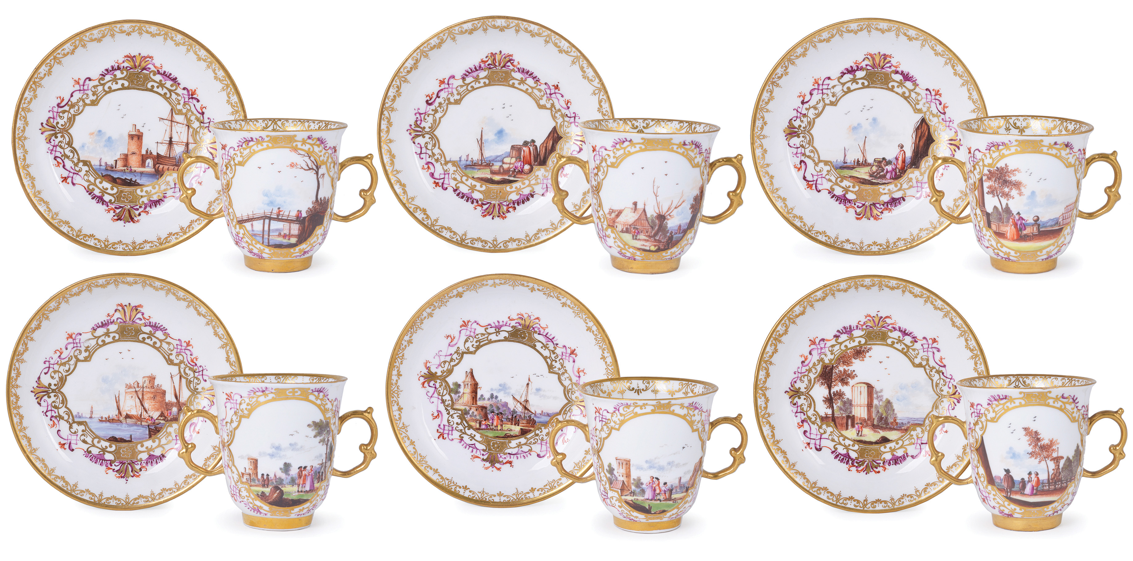 **A SET OF SIX MEISSEN PORCELAIN TWO-HANDLED CUPS AND SIX SAUCERS, CIRCA 1740 reserved with