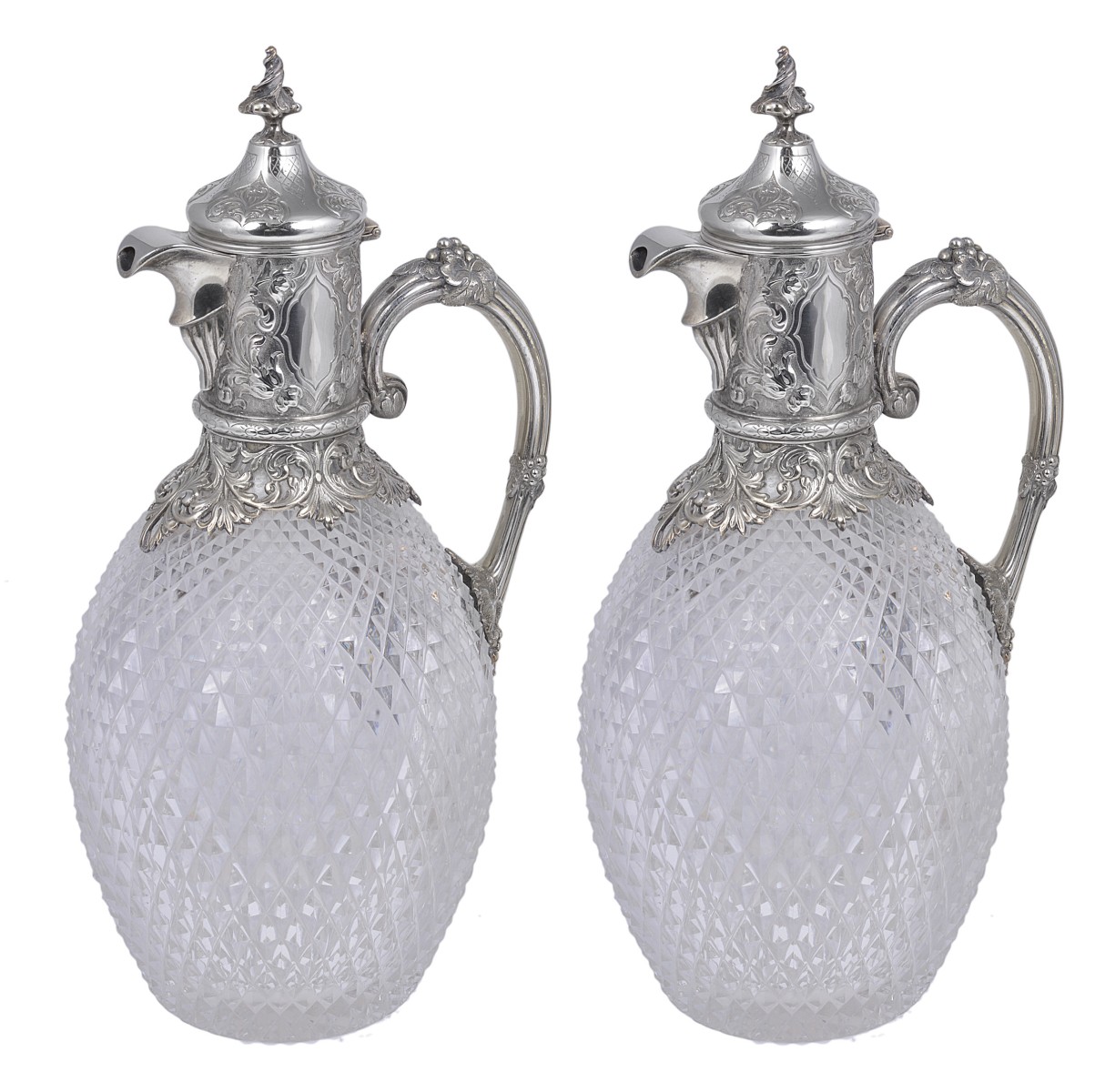 A PAIR OF VICTORIAN SILVER-MOUNTED CUT-GLASS CLARET JUGS, ALFRED BENSON & HENRY HUGH WEBB FOR HUNT &