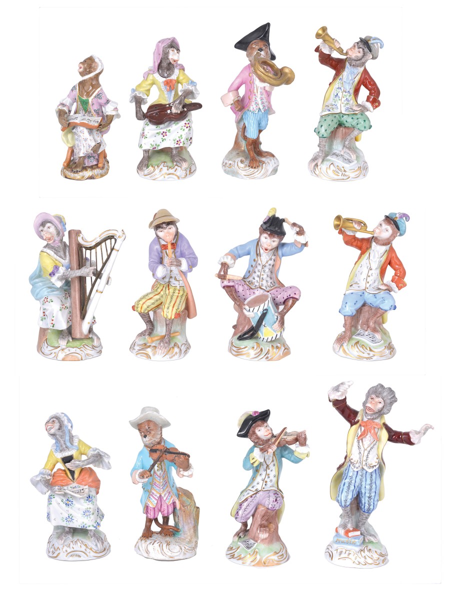 A MATCHED SET OF TWELVE MONKEY BAND FIGURES, ONE MEISSEN, NINE DRESDEN, TWO UNMARKED, LATE 19TH /