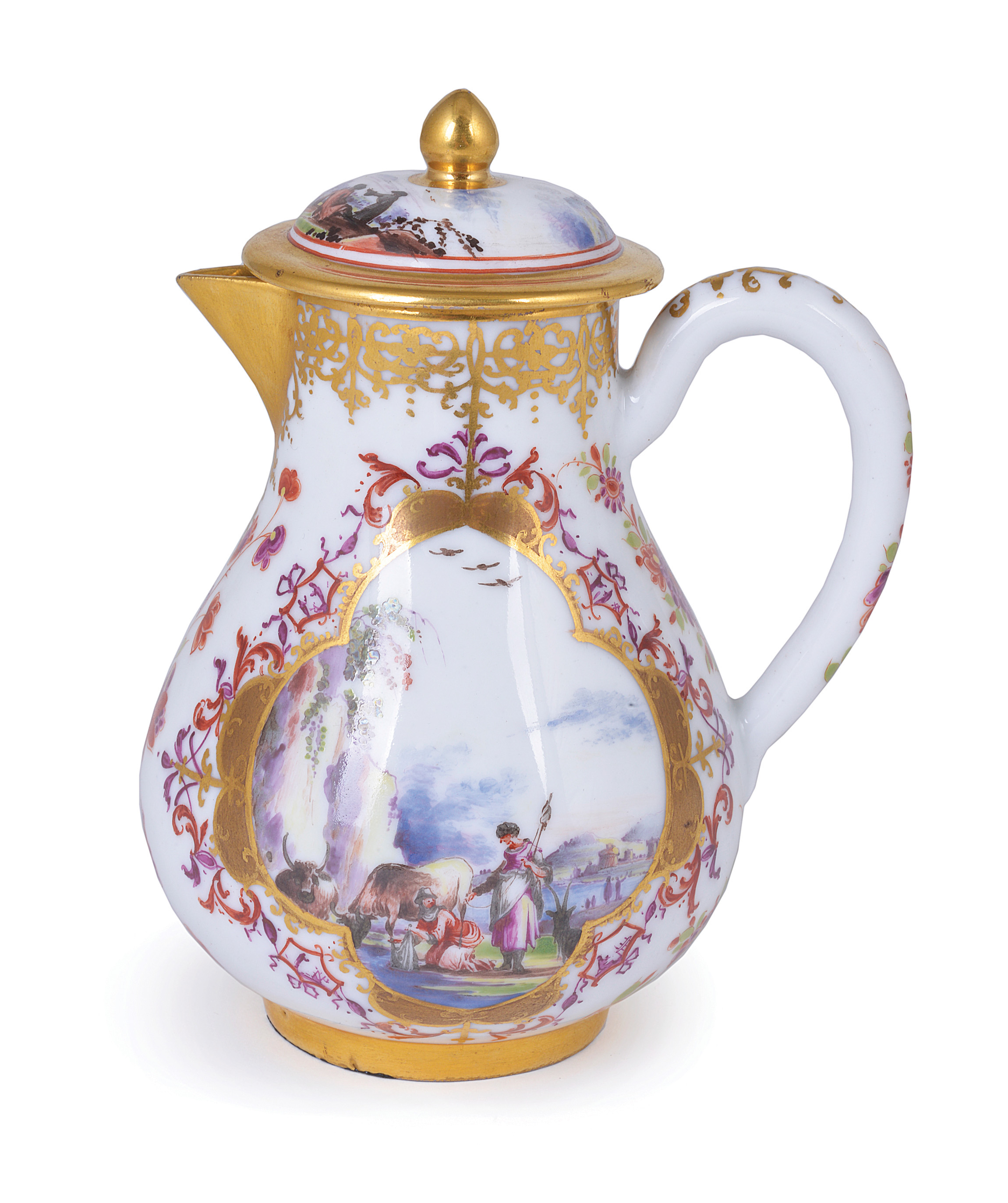 **A MEISSEN MILK JUG AND COVER, CIRCA 1740 reserved with figures in riverside scenes with gilt