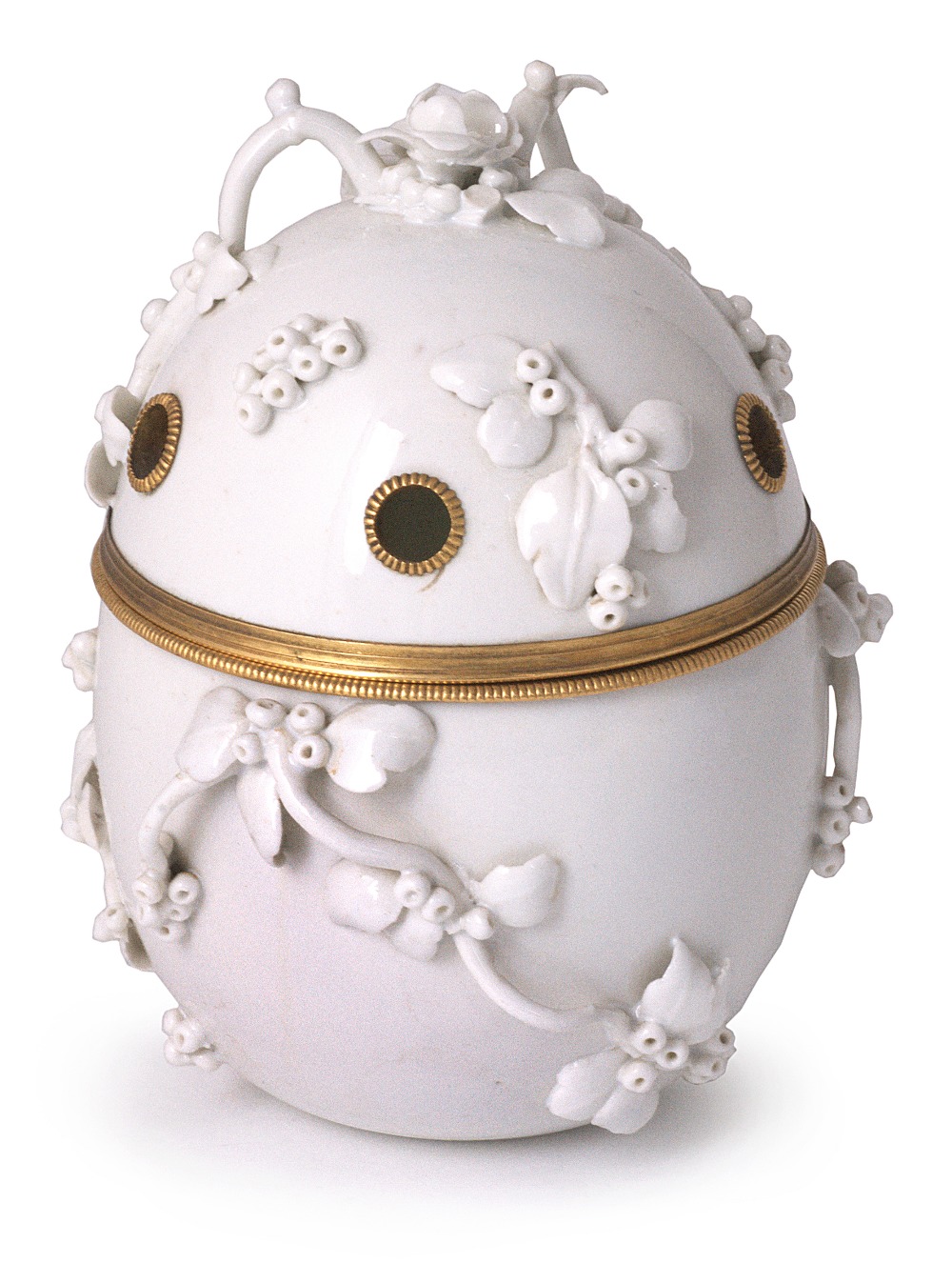 A WHITE GLAZED PORCELAIN AND GILT-METAL MOUNTED POT POURRI JAR AND COVER, PROBABLY SAMSON OF