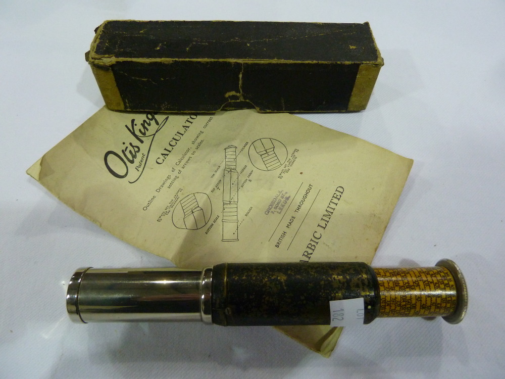 An Otis King cylindrical slide rule by Carbic Ltd, logarithm centre scale, original box with booklet