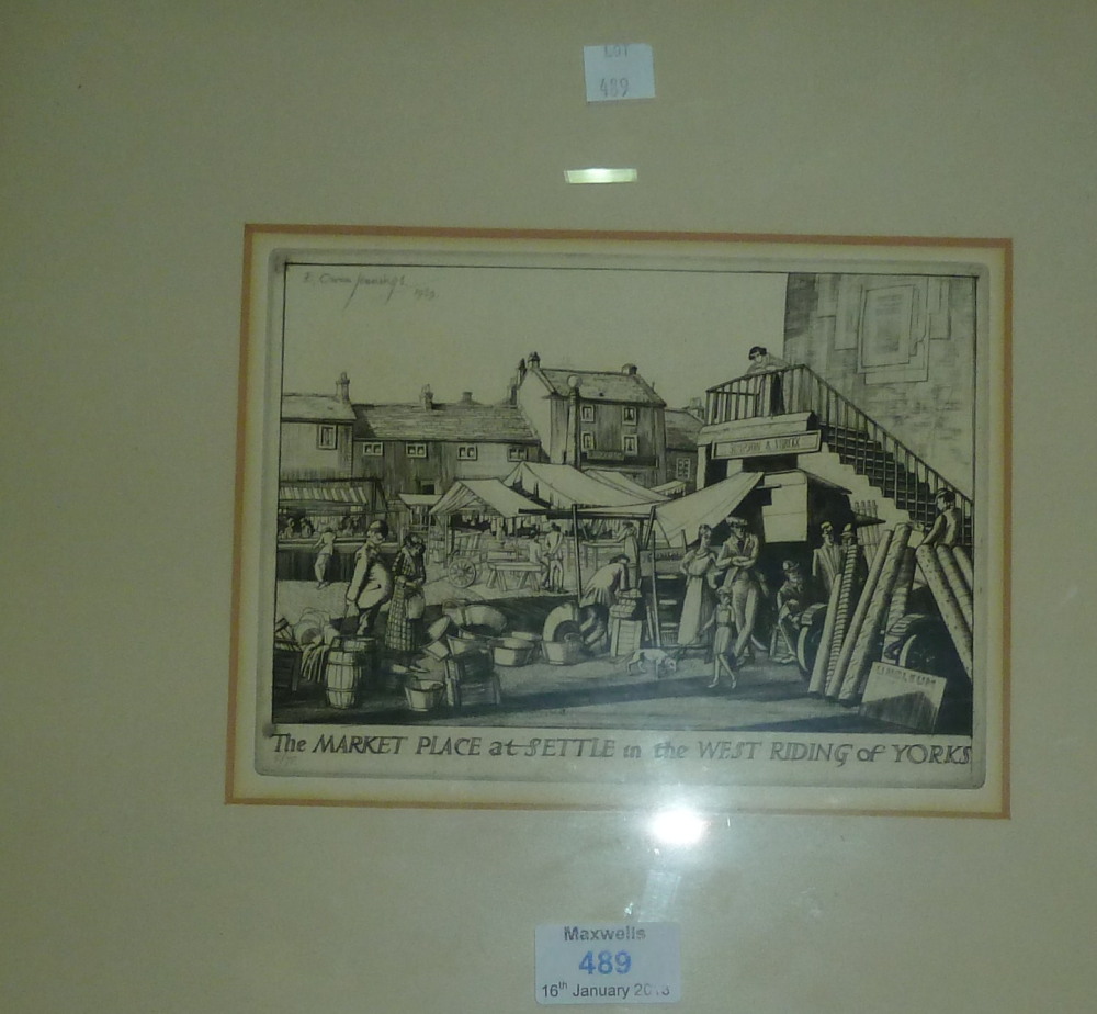 E Owen Jennings (20th Century British): etching, The Market Place at Settle, signed and dated