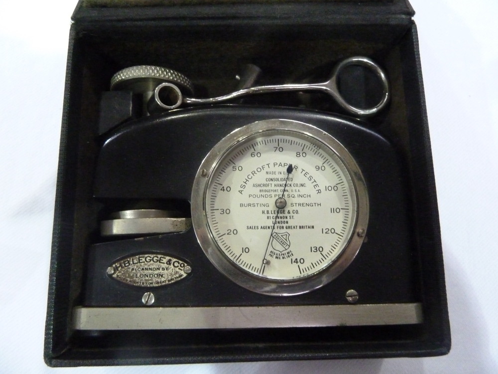 An Ashcroft paper tester by H B Legge and Co, complete with lever, boxed