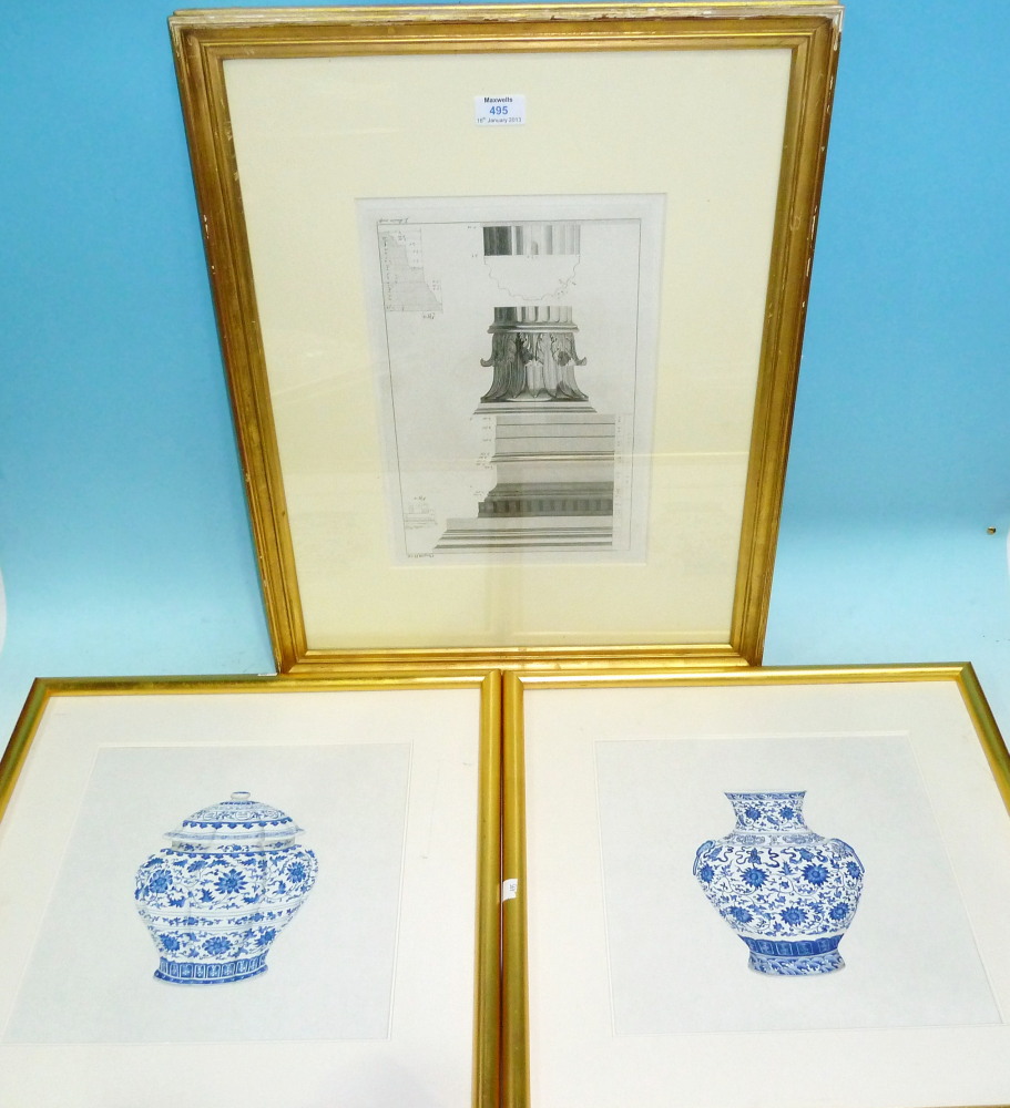 A pair of watercolours of Ming vases, 11½" square gilt framed; a 19th century engraving of a capital