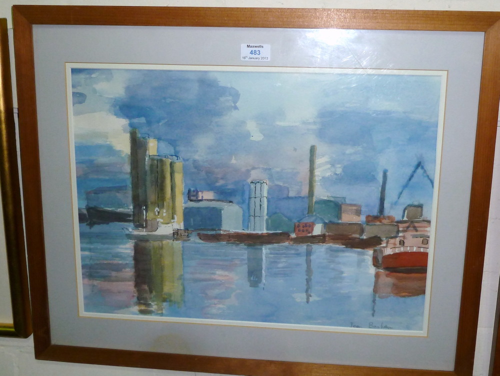Jean Barham (20th Century British): watercolour, Thames industrial scene, signed, 14" x 19", framed