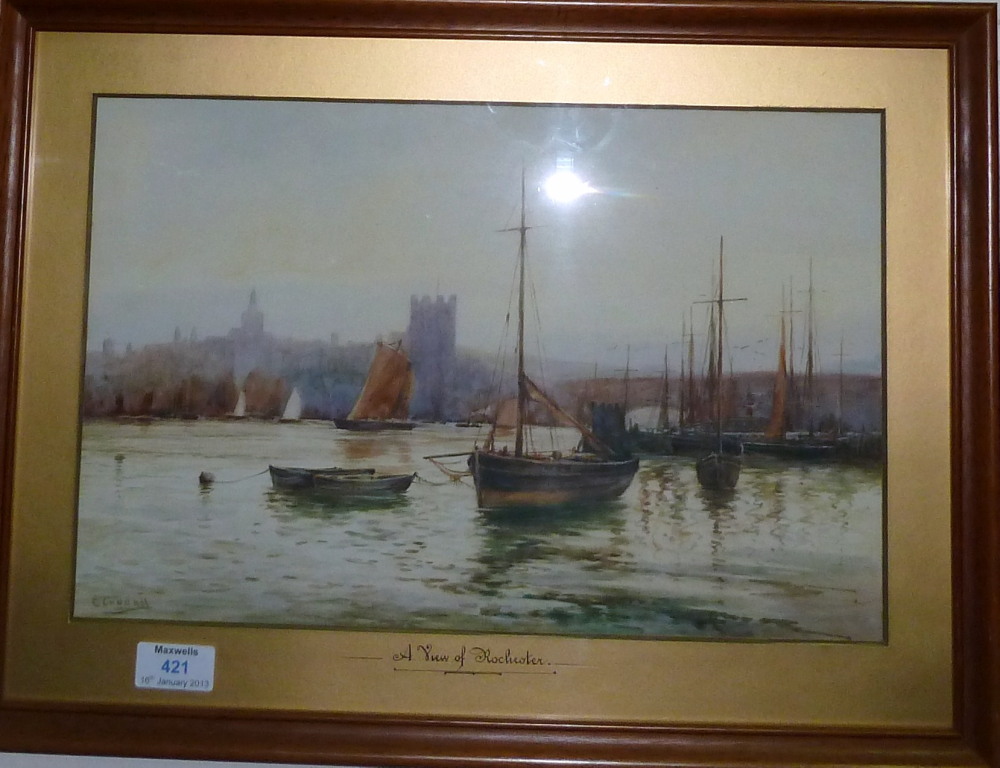 G Goodall: "A View of Rochester", watercolour, signed, 10" x 15½", framed and glazed