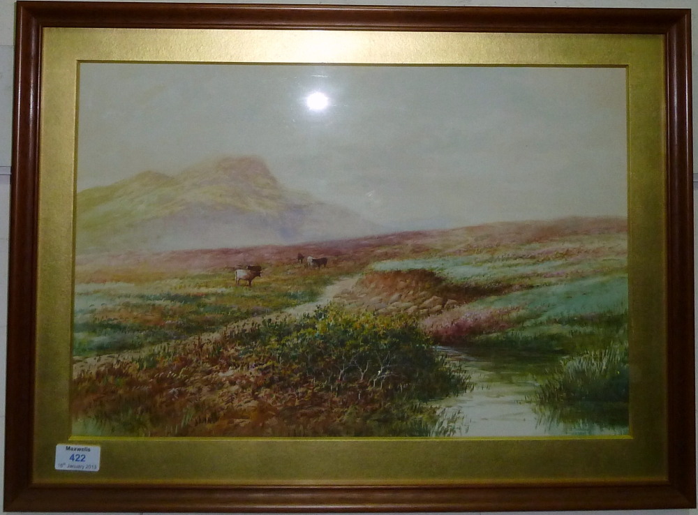 G H Jennings: Moorland landscape with cattle, watercolour, signed, 13" x 19", framed and glazed