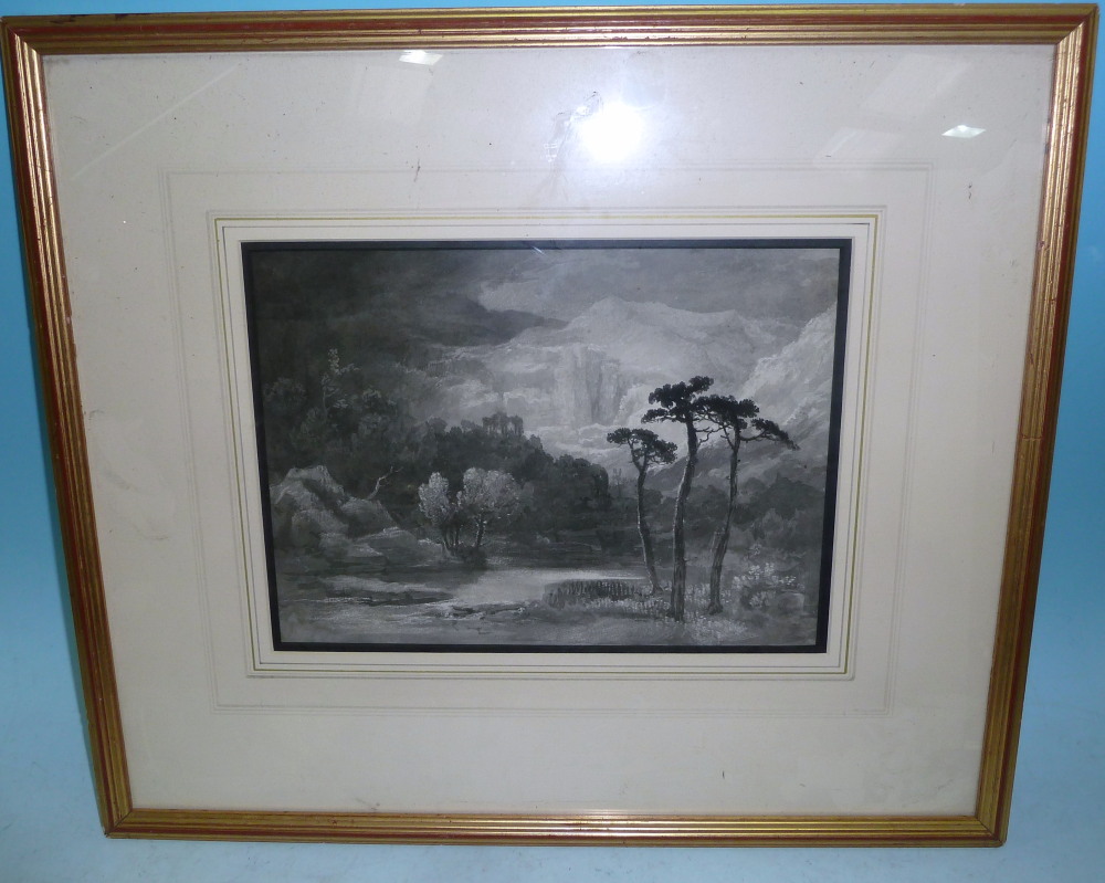 James Baker Pyne: mountainous landscape, grey wash, 8¾" x 12", unsigned, framed and glazed