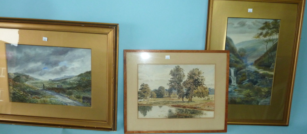 J W Stedman: river landscape with waterfall, watercolour, signed, 15½" x 9½", framed and glazed; 2