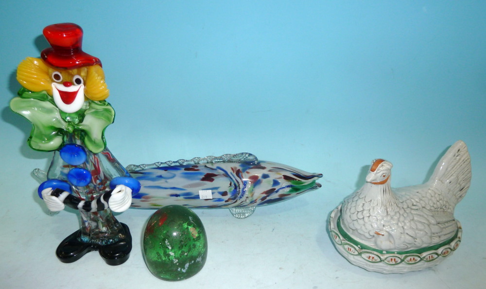 A Staffordshire pottery egg crock, 8"; a green glass dumpy paperweight; a Murano clown, and a