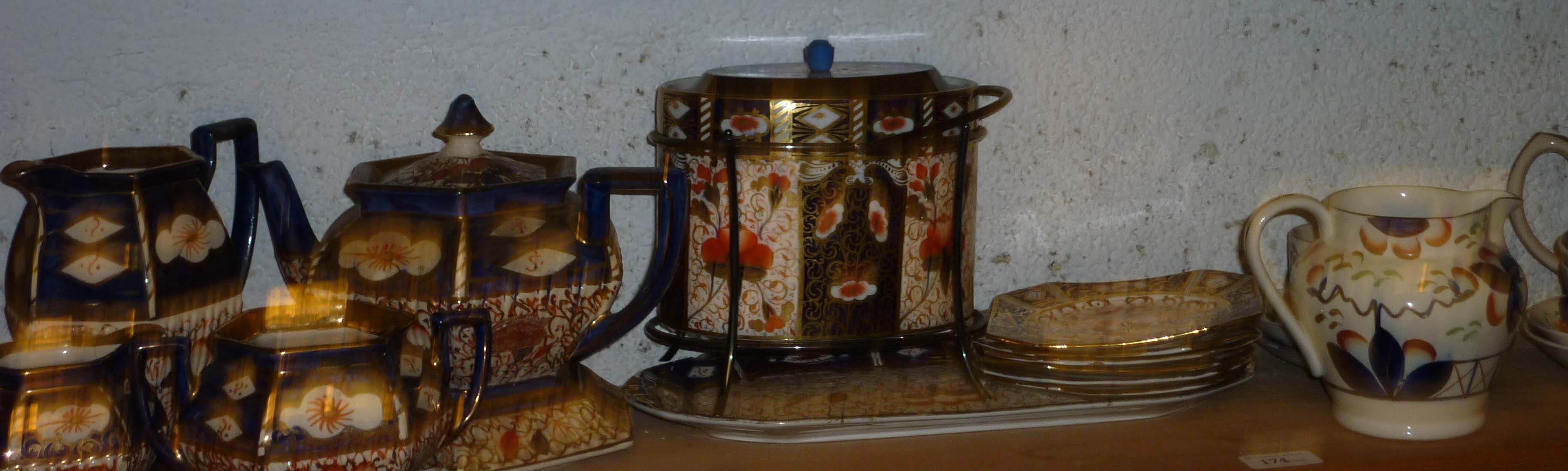Imari Sadler teapot and pair graduated jugs, Davenport Imari biscuit barrel and danswich set plus