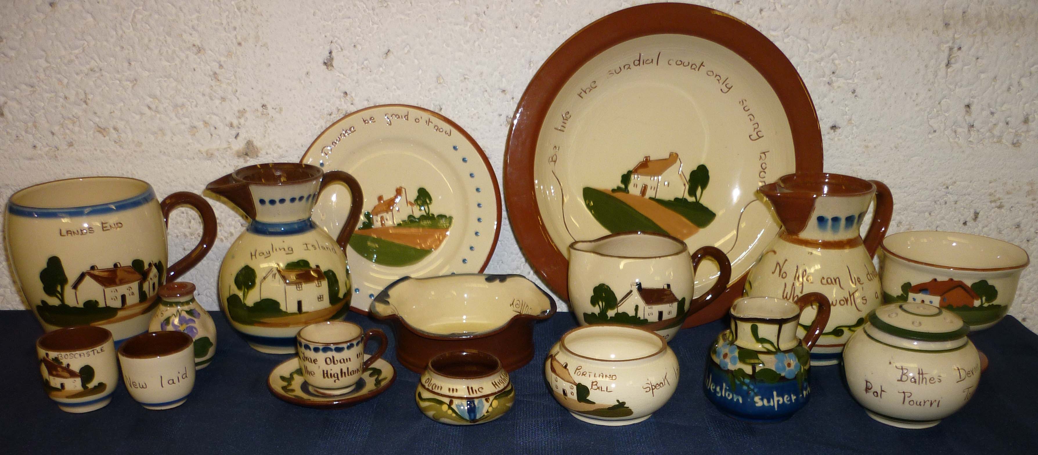 Group Devonware pottery incl. egg cups, mini cup/saucer, jugs etc