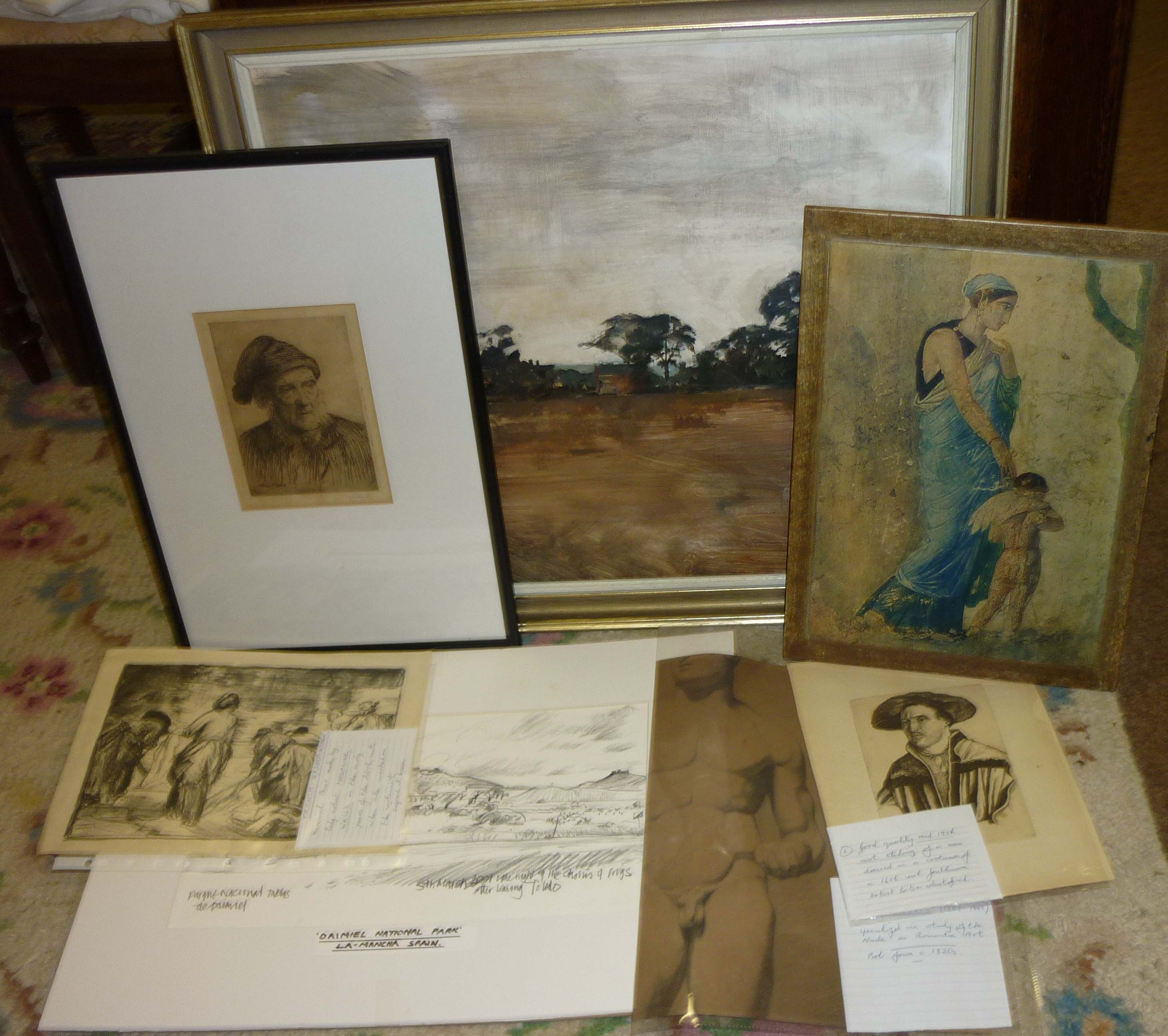 Group pictures incl. nude drawing and early 20th century etchings