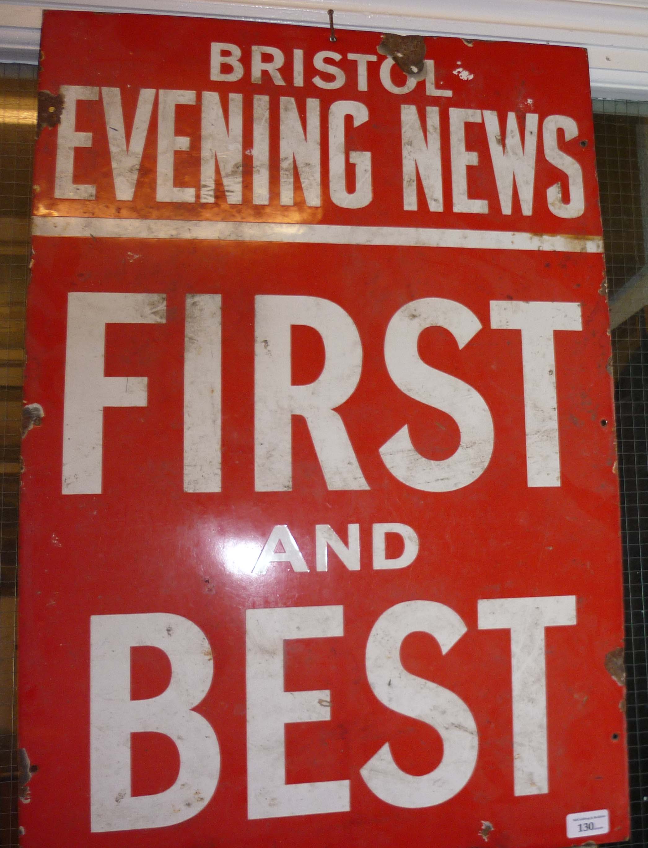 Red and white advertising enamel sign Bristol Evening News First and Best 20”w x 30h