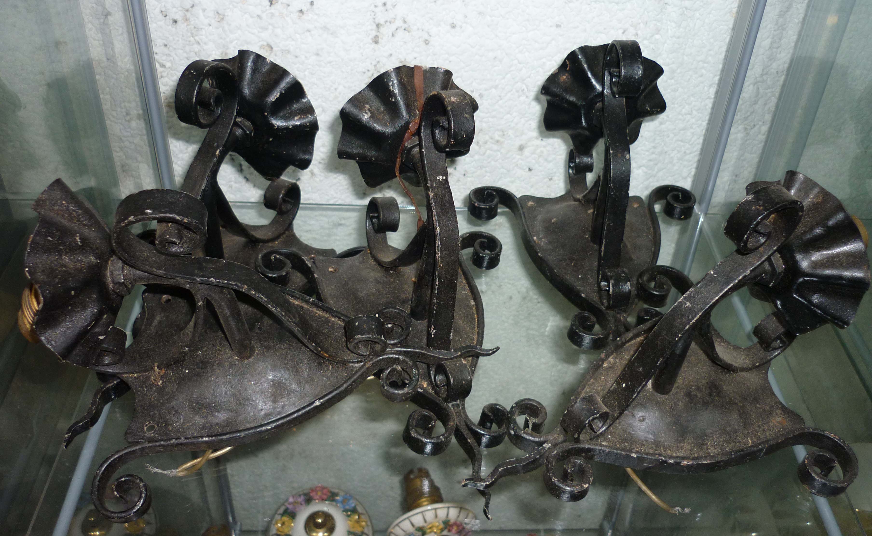 Set five shield shaped cast iron wall sconces