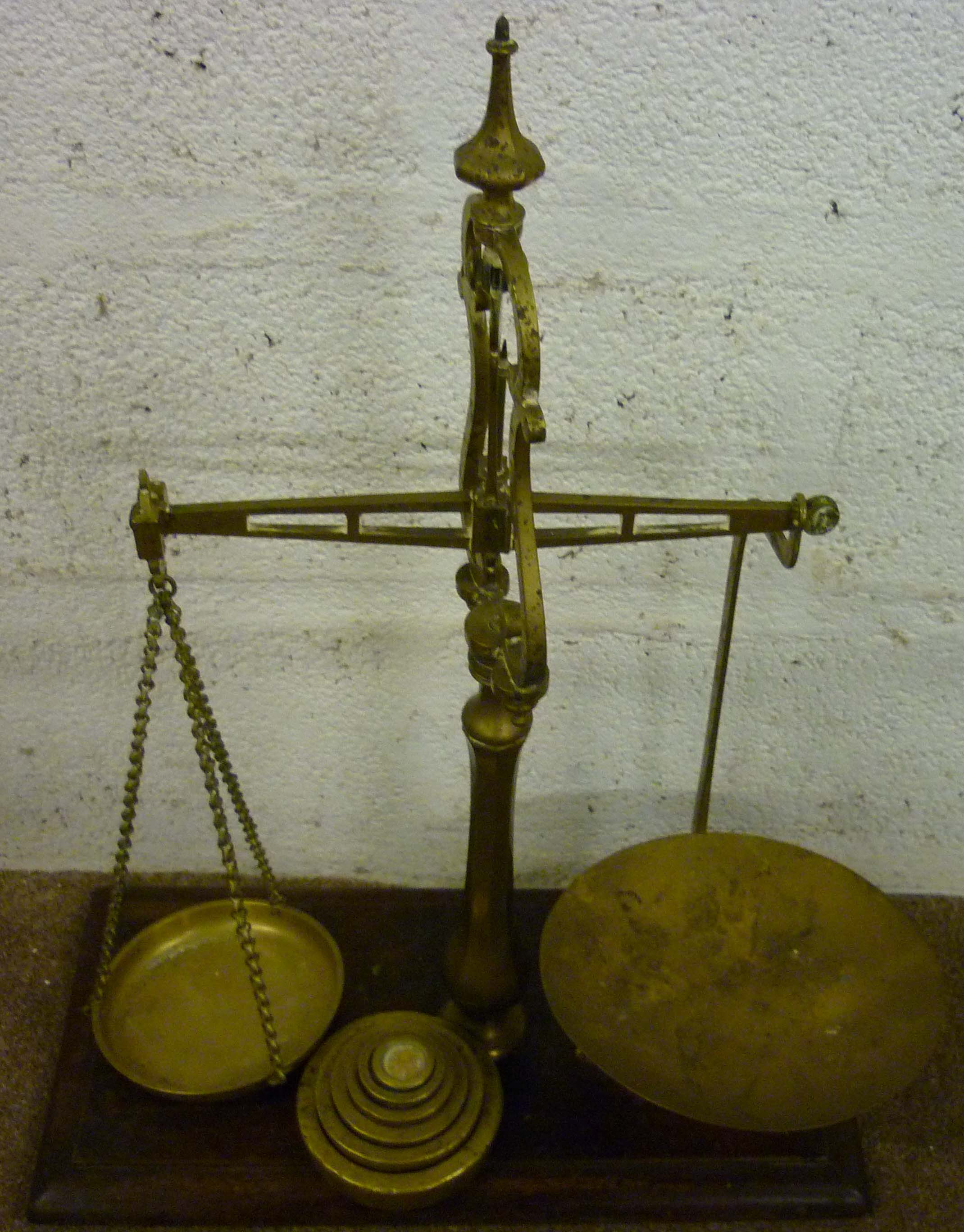 Large ornate brass scales 27” high and set Parnall & sons, Bristol weights 1884