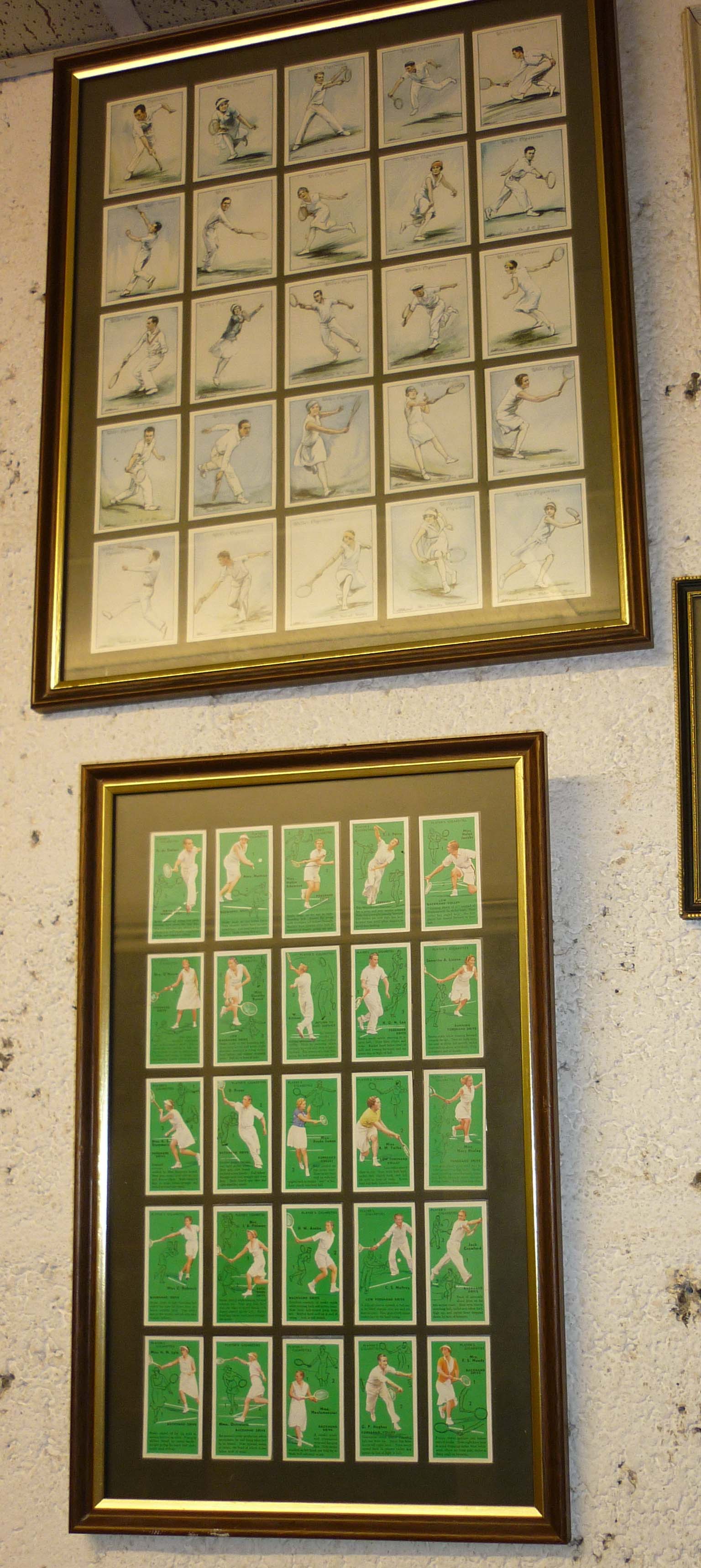 Two framed cigarette card arrangements; one Wills tennis players, the other by John Players tennis