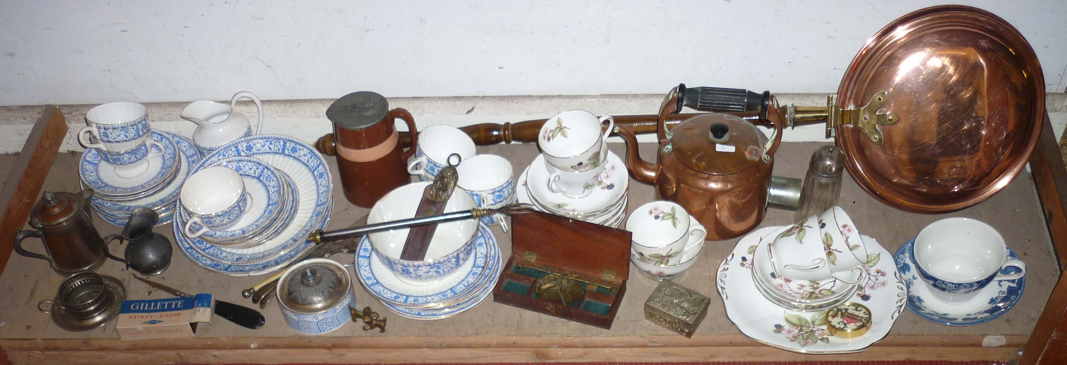 Effects; postal scales, Adderley Bramble part tea service, copper bed pan, kettle, Victorian blue/