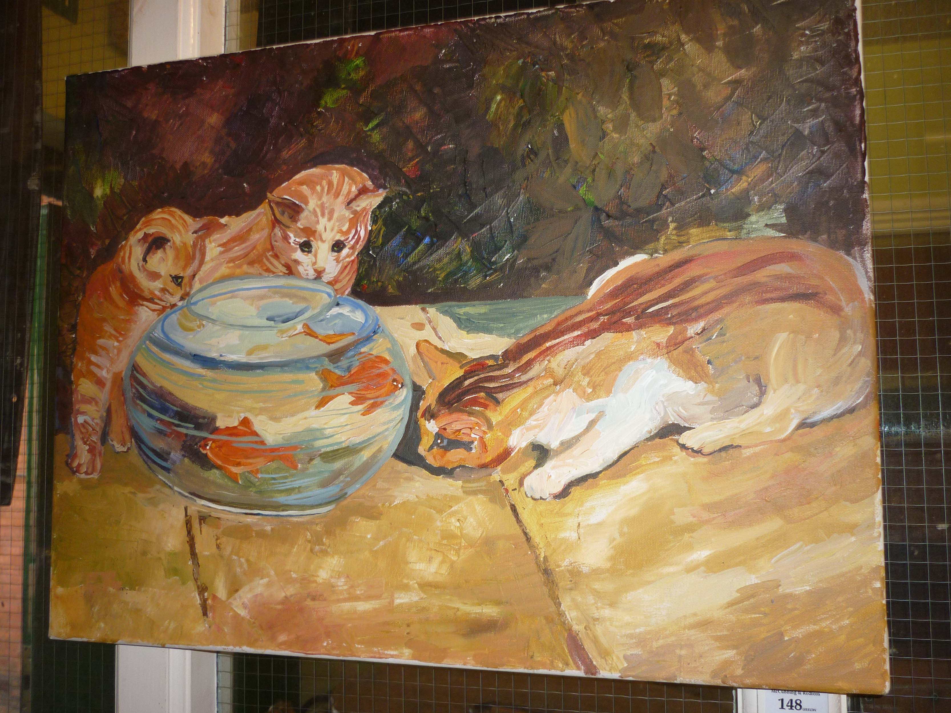 Modern oil on board of cats circling goldfish bowl