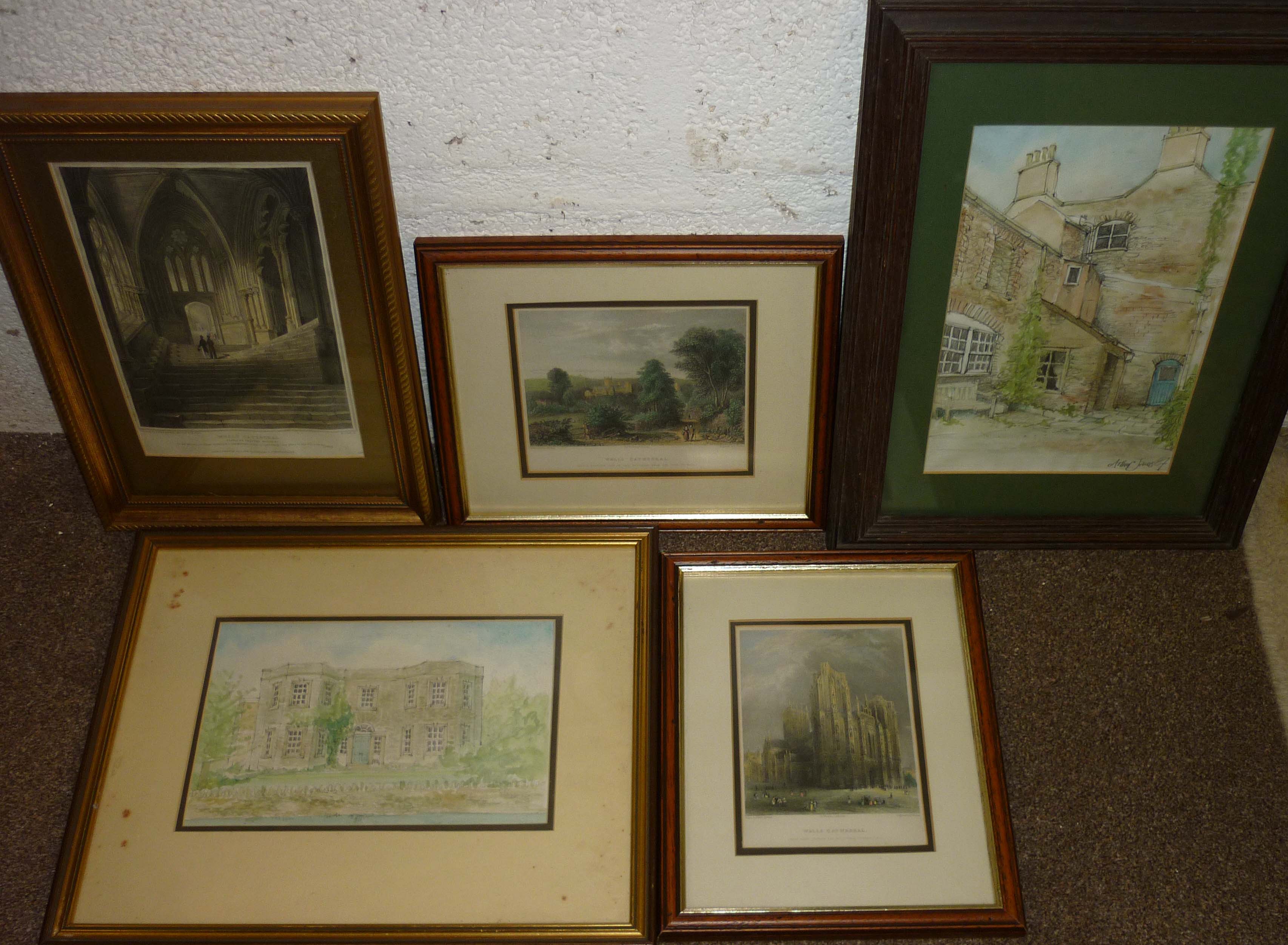 Framed group Wells pictures incl. three engravings and two watercolours