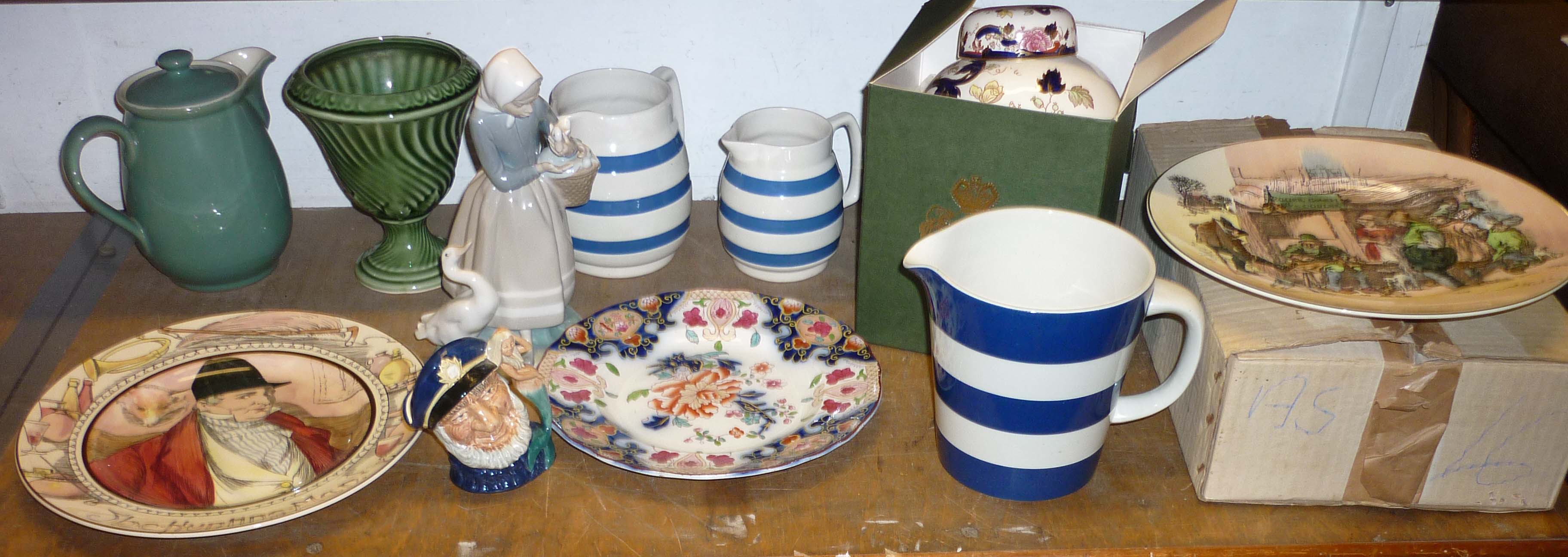 Boxed Mason`s blue Mandalay ginger jar, Lladro figure, glassware, Doulton wallplate and Old Salt