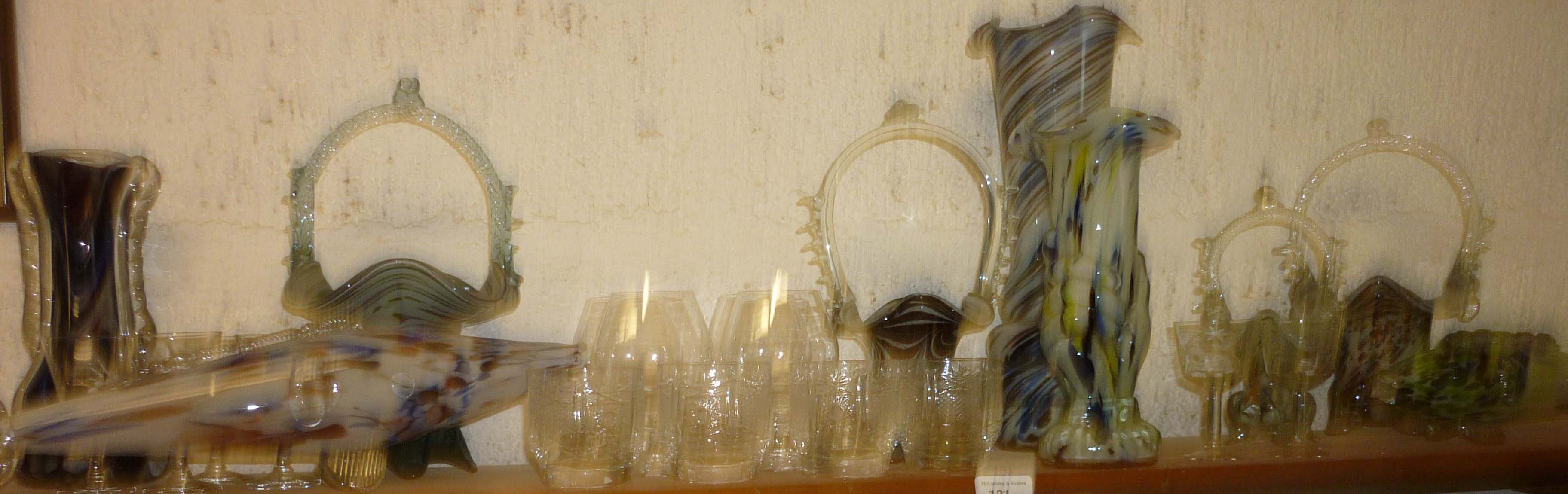 Murano end of day pieces incl. glass vases, baskets and fishes plus drinking glass part sets