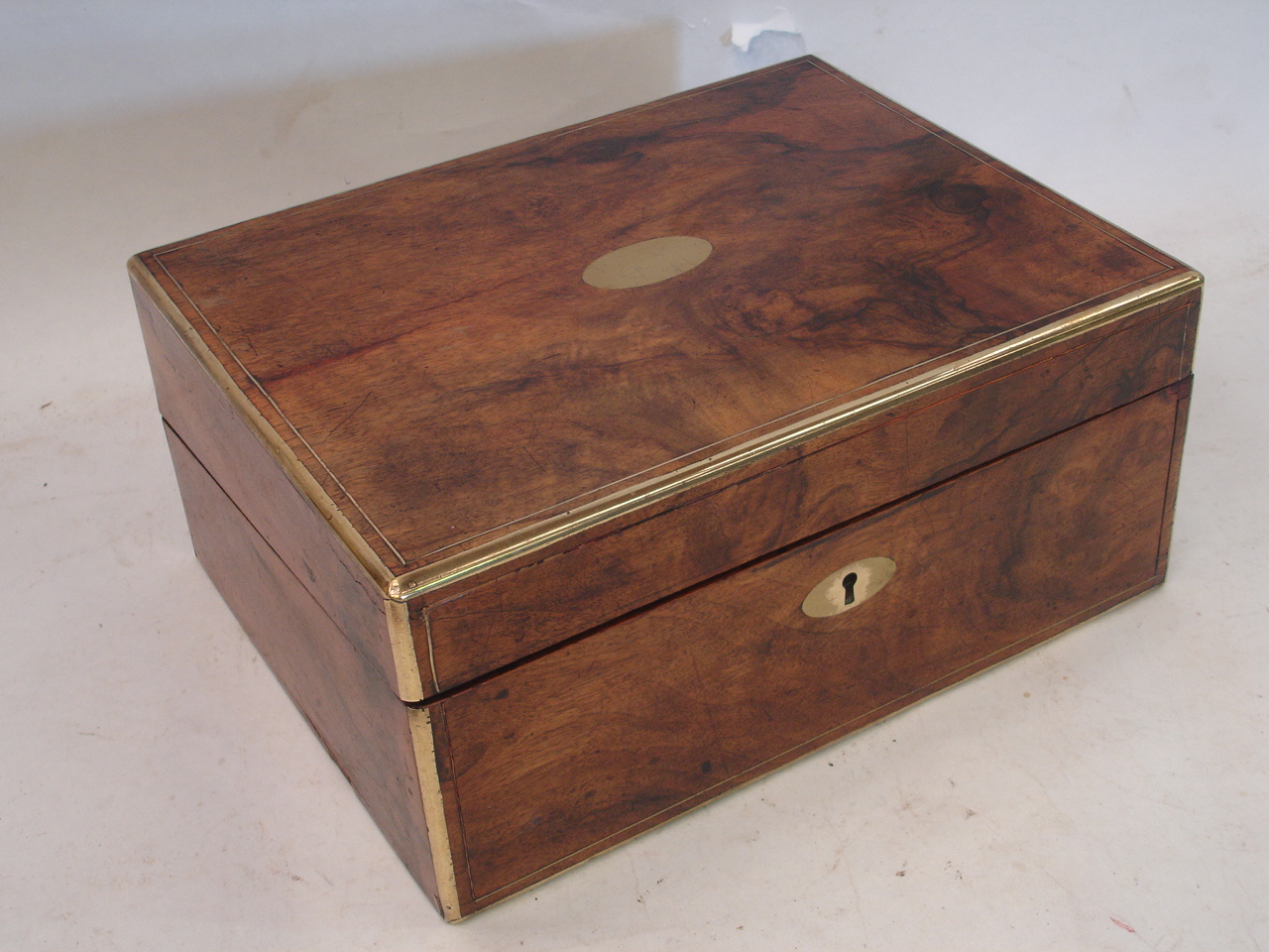 19th century walnut and brass mounted writing slope, 12" wide