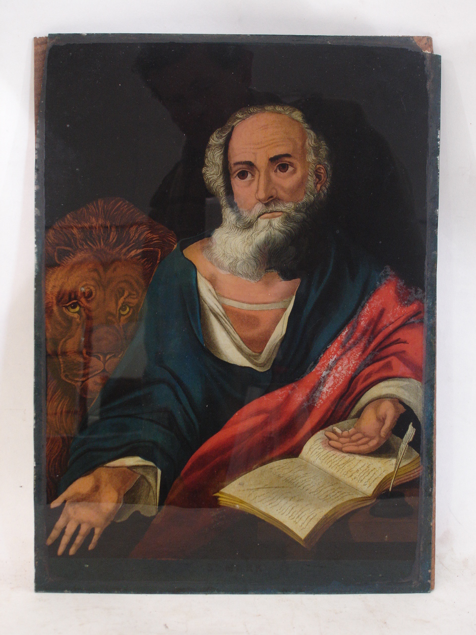 A 19th century reverse painted picture, St Mark, unframed 14" x 10"