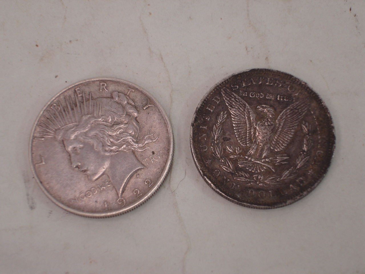Two U.S Dollar coins, 1896 and 1922