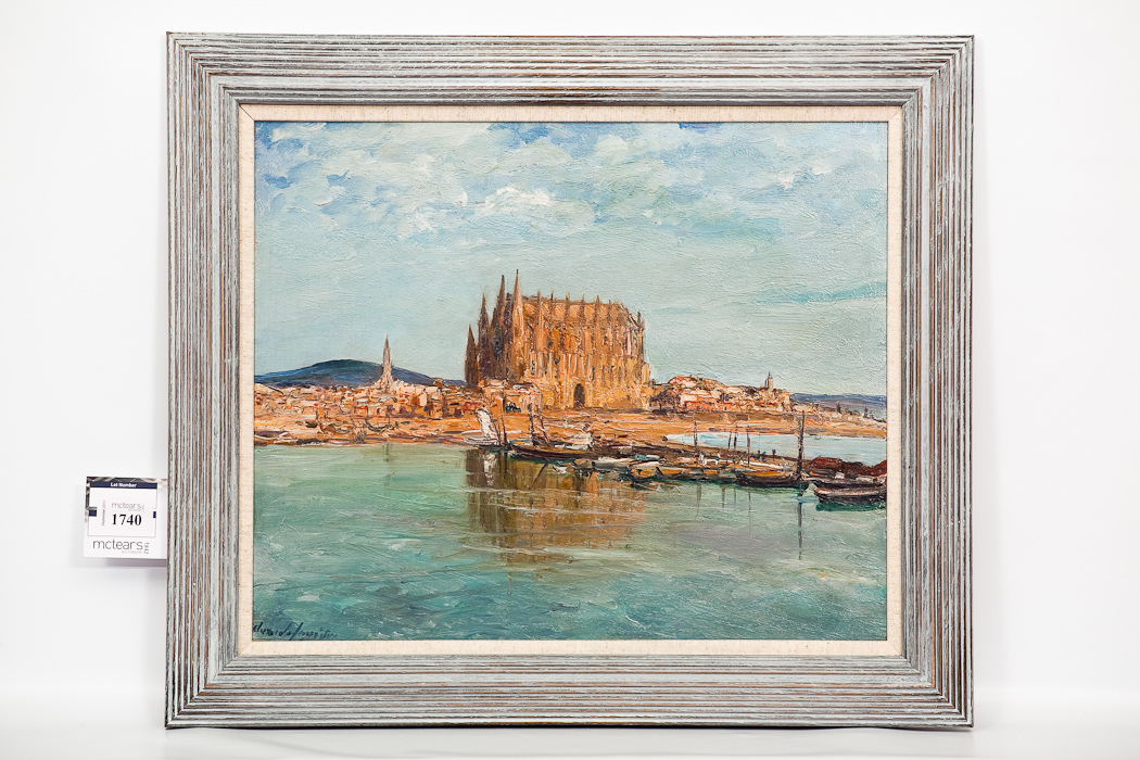 ALEXANDER JAMIESON ROI (SCOTTISH 1873 - 1937) PALMAS CATHEDRAL oil on board, signed 38cm x 46cm