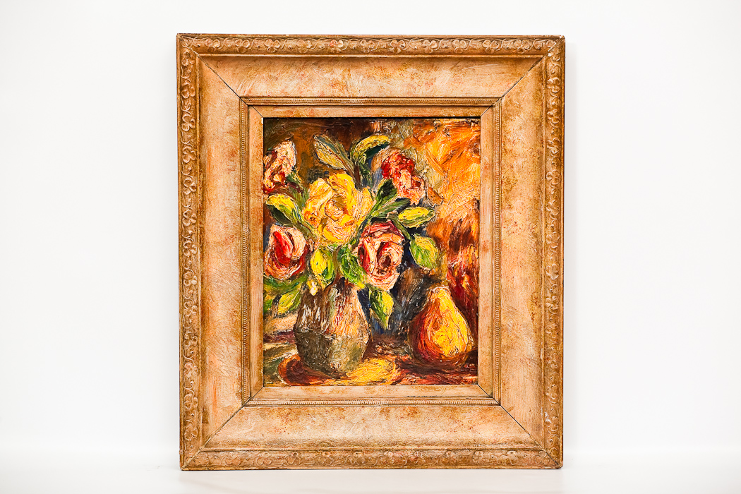 * DONALD BAIN (SCOTTISH 1904 - 1979) MIXED ROSES AND A PEAR oil on card, signed and dated 1943 verso