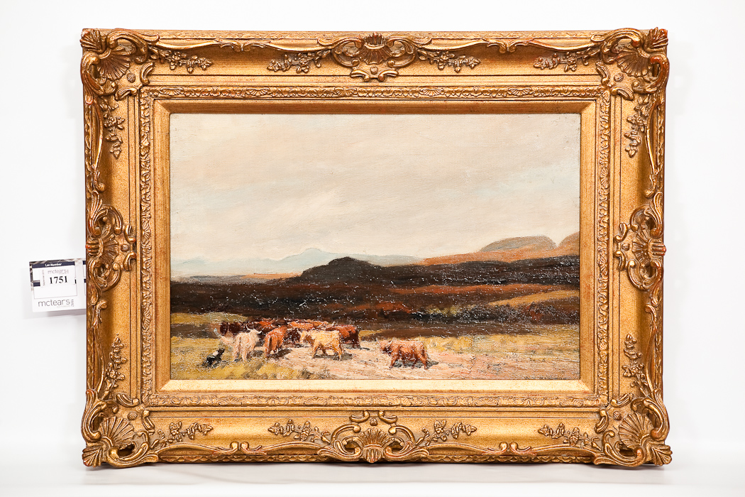 ATTRIBUTED TO DAVID YOUNG CAMERON (SCOTTISH 1865 - 1945) CATTLE IN A LANDSCAPE oil on canvas, signed