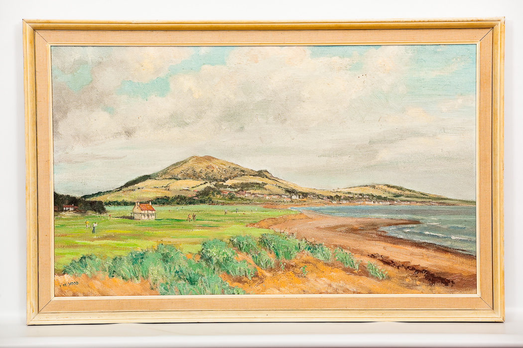 IRENE M WOOD A FIFE GOLF COURSE oil on board, signed 44cm x 74cm