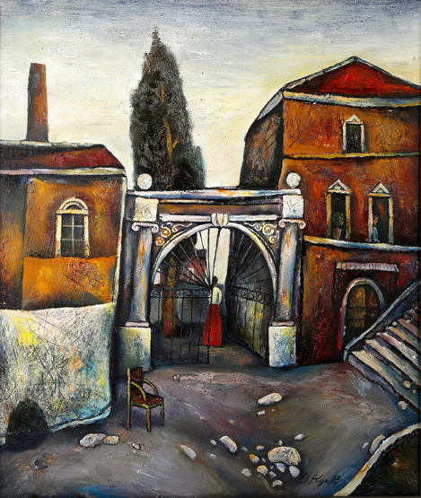 OLEG KOULIKOV (20TH/21ST CENTURY)
"Street Scene with Woman Under a Gate Arch" O.O.C., signed,