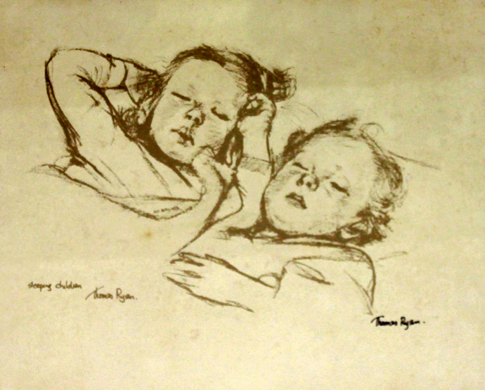 AFTER THOMAS RYAN (B.1929) “Sleeping Children” Monochrome Print, 11in (28cm) x 13in (33cm).