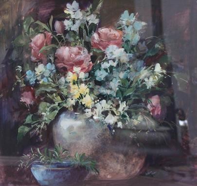 PATRICIA MANN
Blue bowl and vase with flowers, mixed media, signed lower right, 17.5in (44cms) x