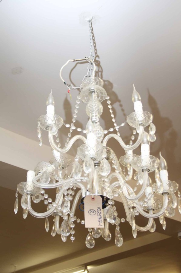 A TWO TIER TWELVE BRANCH POLISH GLASS CHANDELIER, 
with triple gourd stem, issuing festoons of glass