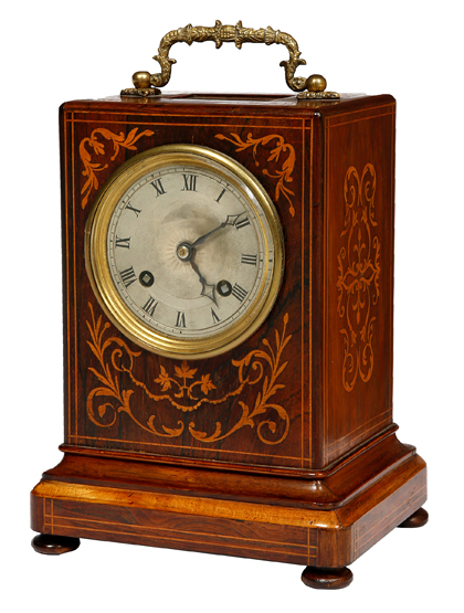 A ROSEWOOD AND MARQUETRY LIBRARY CLOCK, with French silk suspension movement, by H. Mark of Paris,