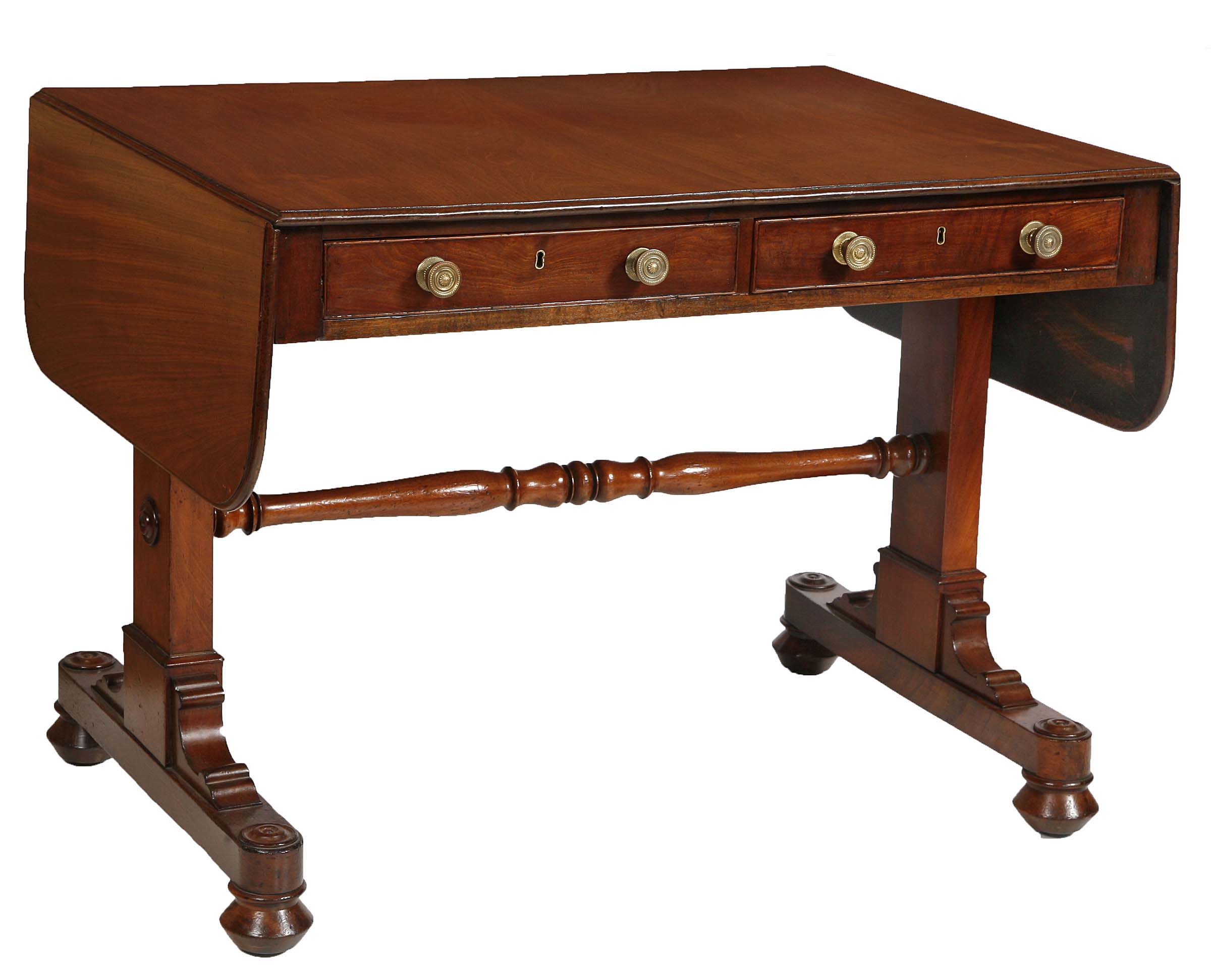 A REGENCY PERIOD MAHOGANY SOFA TABLE, 
with D shaped flaps, flanking two frieze drawers, on standard