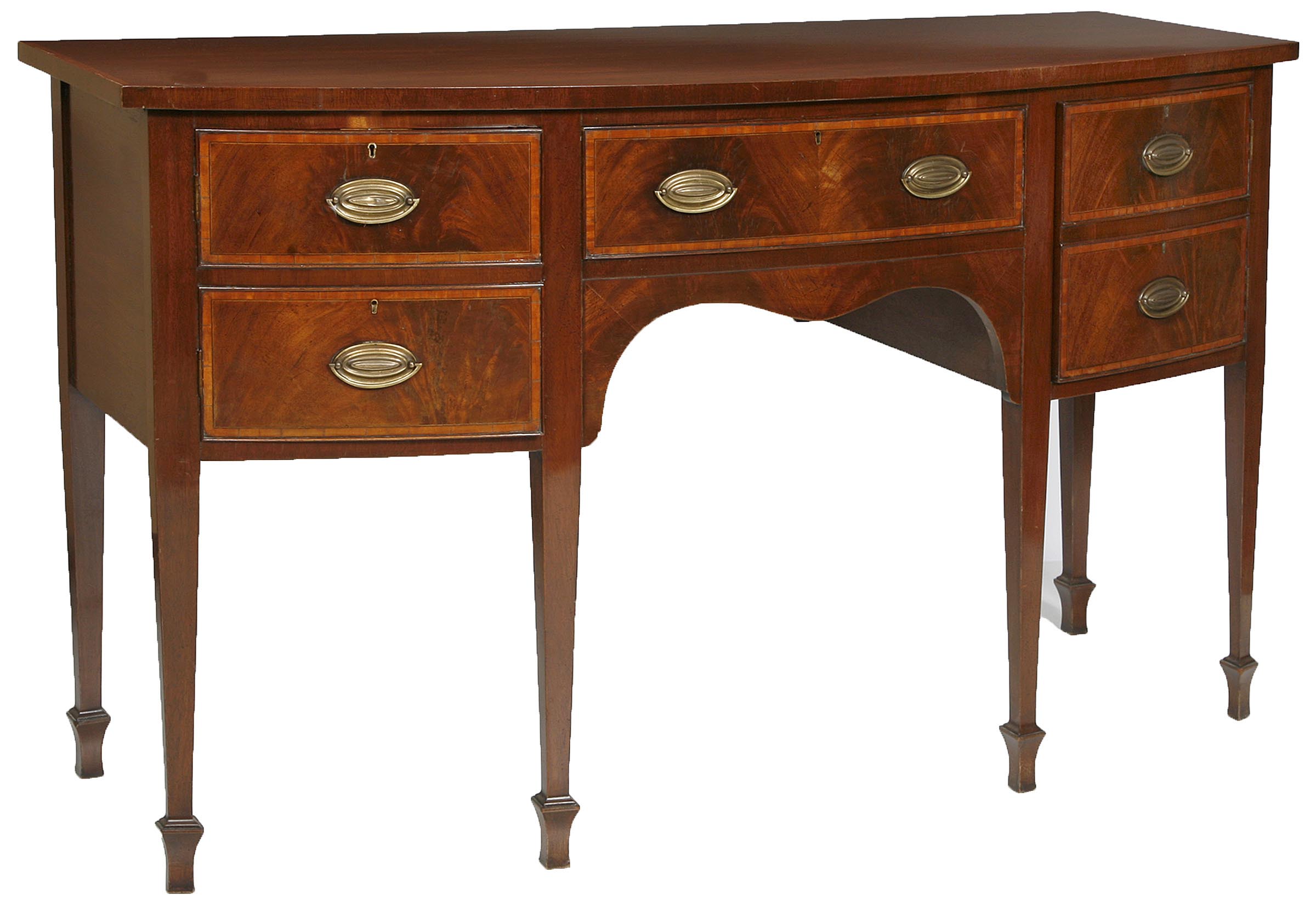 AN ATTRACTIVE EDWARDIAN INLAID AND CROSS BANDED MAHOGANY BOW FRONTED SIDEBOARD,
with centre frieze