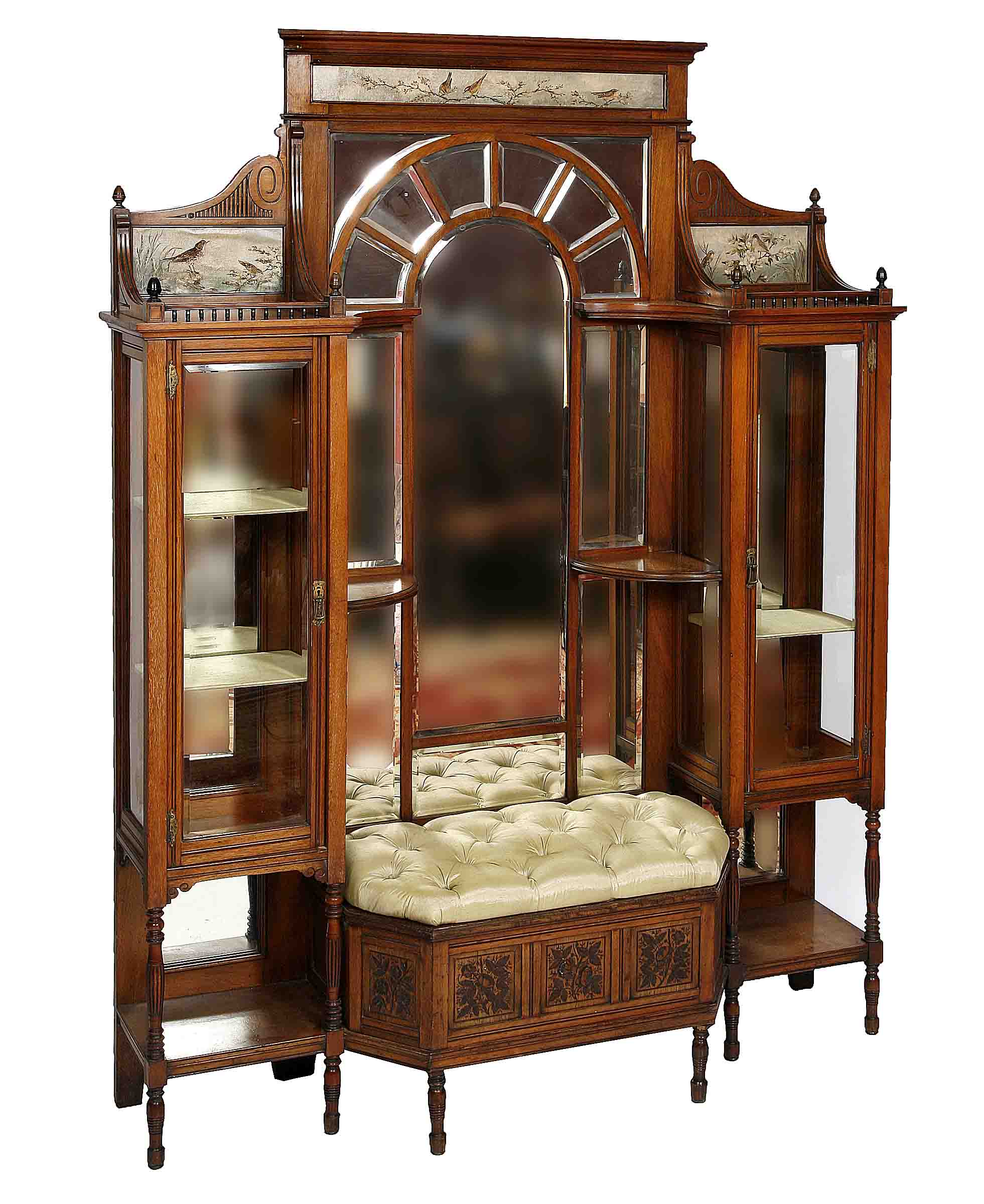 AN EDWARDIAN MAHOGANY DISPLAY CABINET,
with painted panels of birds amongst trees, above a