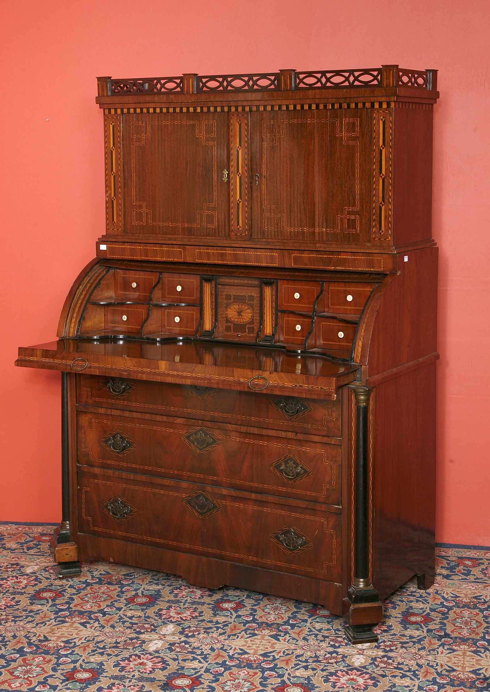 A NEOCLASSICAL STYLE DUTCH CYLINDRICAL INLAID AND CROSSBANDED MAHOGANY BUREAU CABINET, 
c. 1800, the