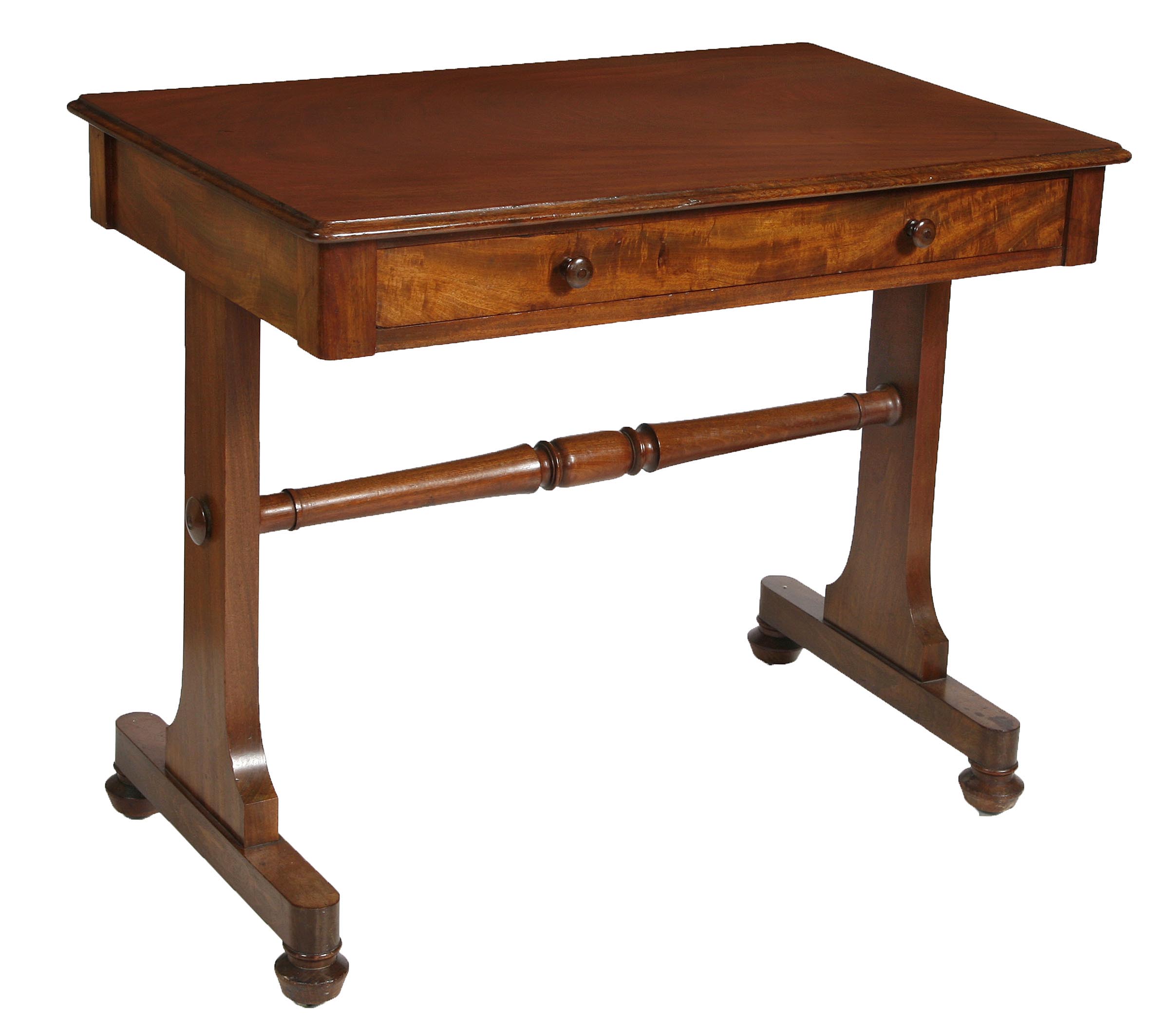 A WILLIAM IV RECTANGULAR MAHOGANY SIDE TABLE, 
with moulded top, above a long frieze drawer,