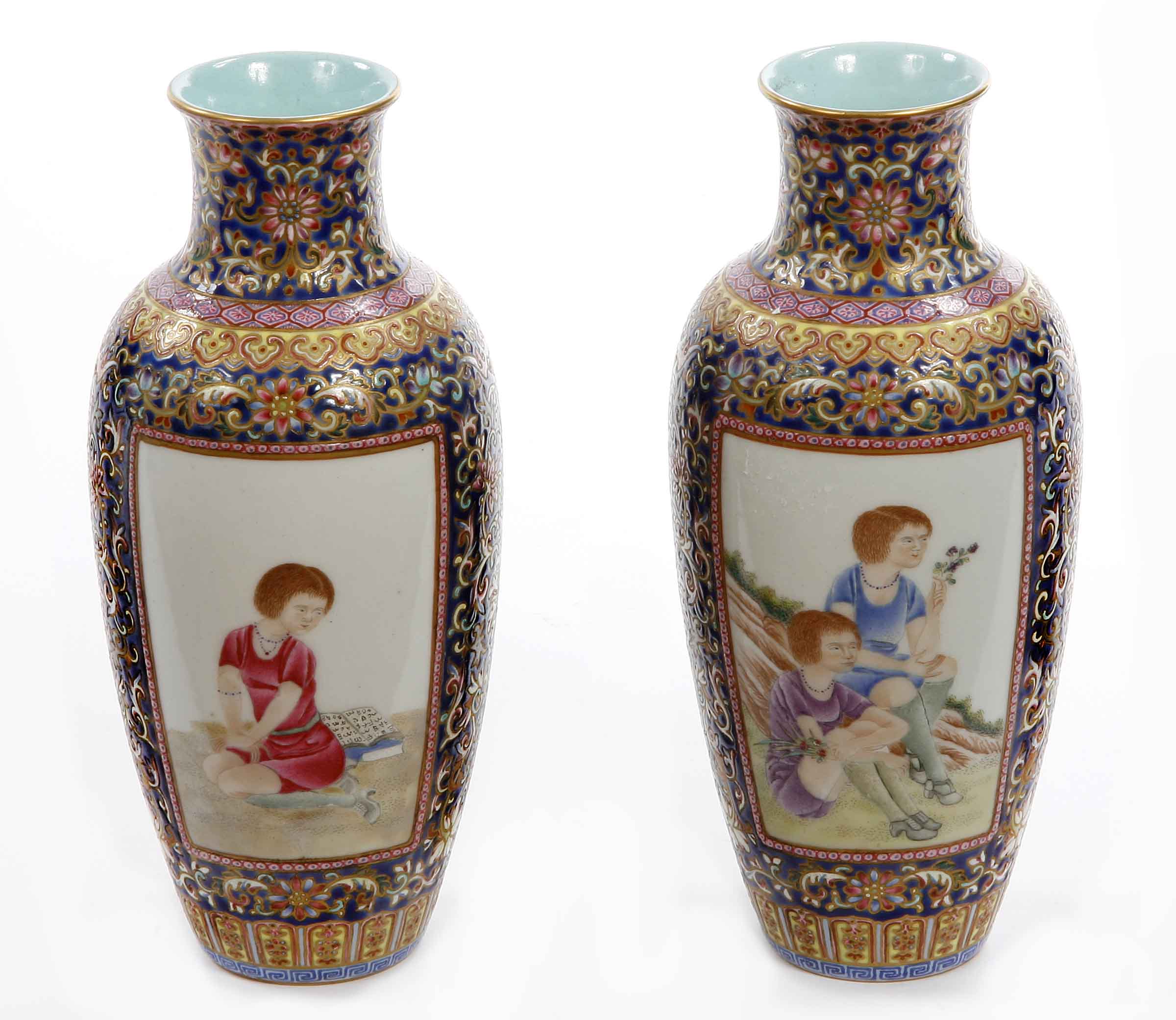 A PAIR OF UNUSUAL CHINESE BALUSTER SHAPED VASES, 
each with two decorated panels, painted with